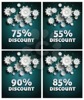 Falling snow background paper snowflakes over night dark sky with text discount set