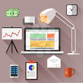 SEO optimization, programming process and web analytics elements. Concept for work from home. Workplace with computer, lamp, desk, illustration in flat design