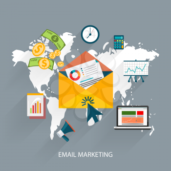 Email marketing concept. World map surrounded by media icons. Flat design stylish megaphone with application icons