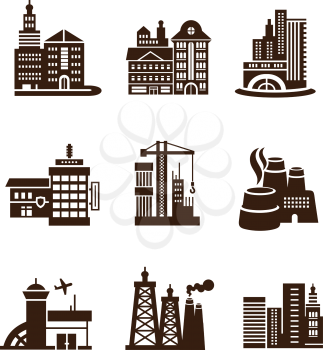 Various types of construction. City building icons set such as airport, TV tower, plant, factory, Bank, stall, theater for architectural, industrial and travel in black color on white background