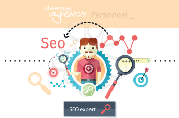 Profession concept with expert of search engine optimization seo and business development. Analytics information and management resources, growth charts and graphs in flat design style