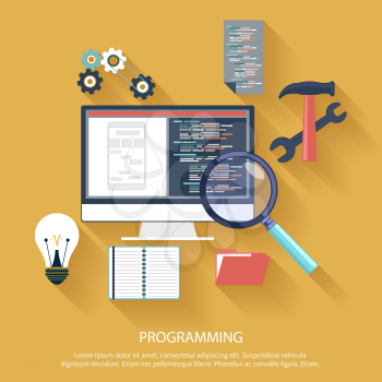 User programming coding in flat design stylish. Icons for application development or software app programming. Web, database, software development