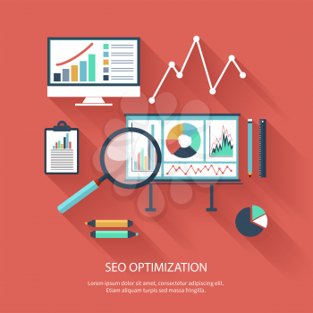 SEO optimization, programming process and web analytics elements in flat design