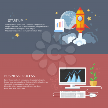 Business start up and business process idea template banners. Start up rocket idea. New business project start up, launching new product or service in flat design