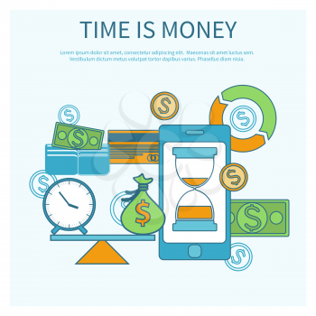 Time is money concept smartphone with scales and icons in flat design