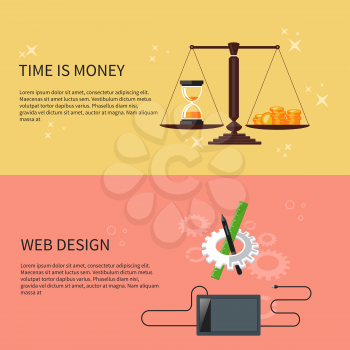 Time is money and web design concept. Designer tools and software in flat design with computer surrounded designer equipment and instruments
