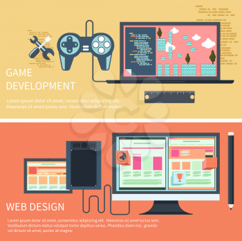 Game development concept with item icons such as laptop, joystick and coding page in flat design style. Web design computer monitor with screen of program for design and architecture