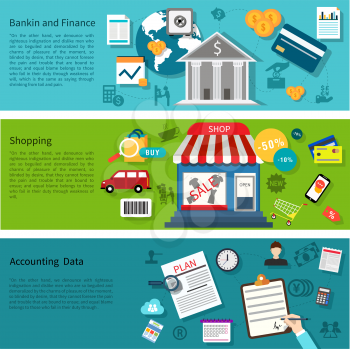 Flat design concept of banking and finance, shopping and accounting data icons set on multicolor horizontal banners