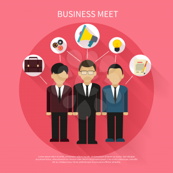 Business people on meet in flat style. Meeting, conference and presentation icons