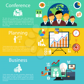 Flat design concept of businessman presenting development and financial planning on meeting conference