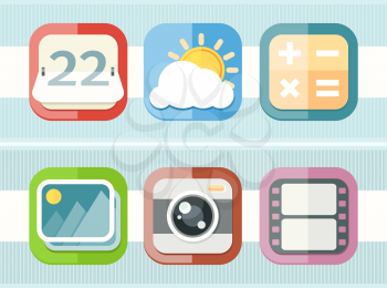 Mobile phone applications icons set of calculator weather calendar camera video in flat design isolated on stylish background