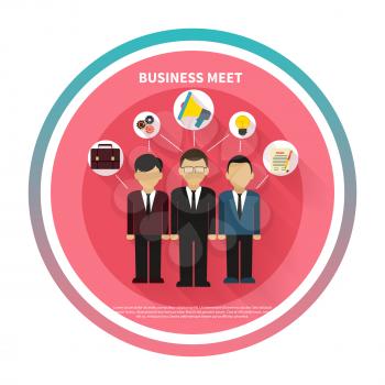Business people on meet in flat style. Meeting, conference and presentation icons