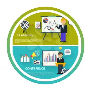 Flat design concept of businessman presenting development and financial planning on meeting conference