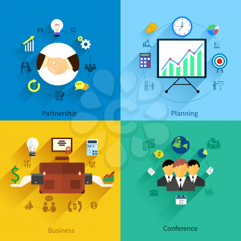 Flat design concept of partnership, planning, business and conference item icons on multicolor banners