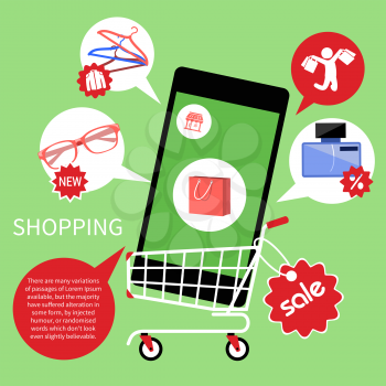 Concept for online shopping and e-commerce with shopping cart full of goods in smartphone with discount and colorless shopping pictograms