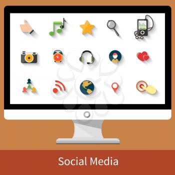 Social media icons set network connection concept in digital device monitor. People in a social network. Concept for social network in flat design