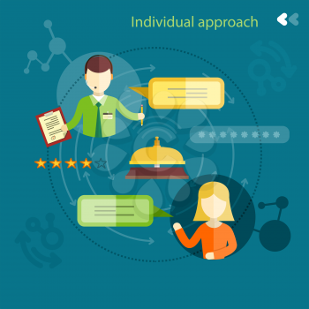 Individual approach ranking. Man and woman with clipboard and bubbles in flat design