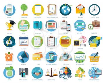 Set of business icons for investing, office, support in flat design isolated on white background
