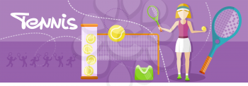 Tennis sport concept with item icons. Portrait of sporty girl tennis player with racket in flat design style