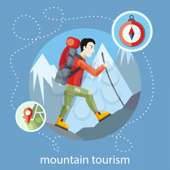 Man traveler with backpack hiking equipment walking in mountains. Mountain tourism concept in cartoon design style