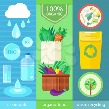 Clean water, organic food and waste recycling. Set of nature and organic icons in flat design, bio and environment concept on banners 
