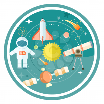 Space and astronomy icons set with telescope globe rocket astronaut. Concept in flat design cartoon style on stylish background