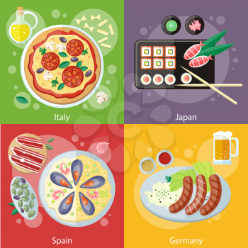 Oktoberfest germany food. Paella traditional Spanish meal with rice and seafood. Spain food concept. Italian food. Pizza with its ingredients. Japanese sushi traditional japanese food. Concept in flat