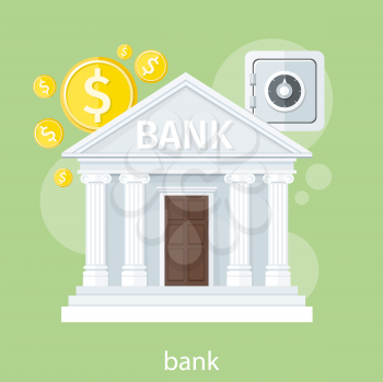 Bank office symbol with ATM dollars and safe icon. Banking concept in flat design