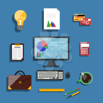 Concept in flat design for workplace organization of financier and manager with desktop pc, briefcase, stationery, and idea bulb on blue background
