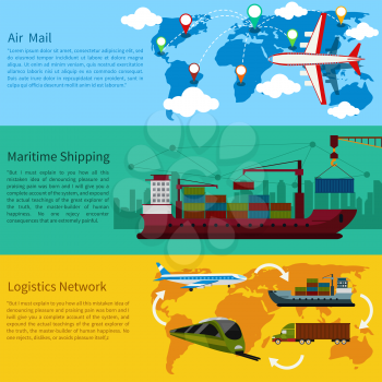 Air mail, delivery of the ship, maritime shipping and logistics network flat design concepts on banners. Shipping, delivery car, ship, plane transport on a background map of the world