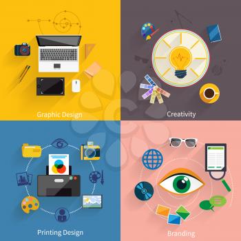 Concept icon set in flat design for creative idea, printing process, graphic design and branding on multicolor banners