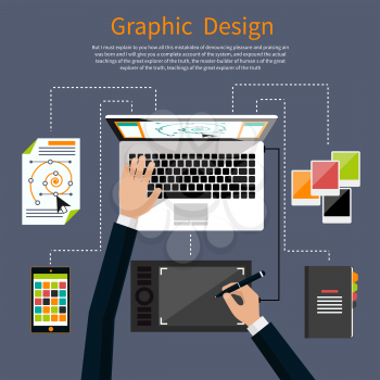Concept for graphic design, designer tools and software in flat design with computer surrounded designer equipment and instruments. Top view of designer draws on tablet at desk