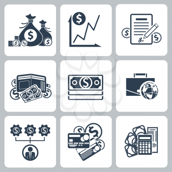 Money and bank icon set in black color isolated on white background