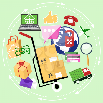 Internet shopping process of delivery. Business online sale icons. Icons of buying product via online shop and e-commerce and shopping elements in flat design