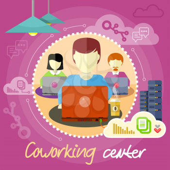 Coworking center concept. Co-working item icons. Business meeting in flat design. Shared working environment. People work with laptops