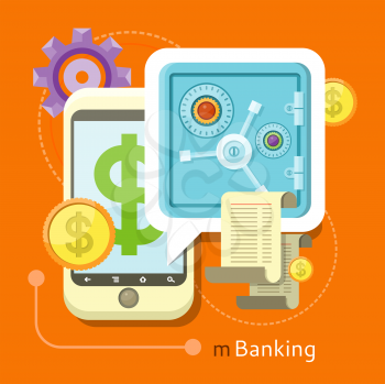 Internet online banking. Smartphone with sign of dollar and safe where enter a password to login to profile at bank flat design style. Money exchange m banking