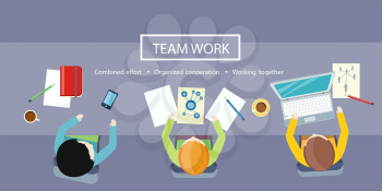 Team work coworking concept. Co-working item icons. Business meeting top view in flat design. Shared working environment. Combined effort, organized cooperation and working together concept