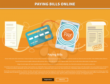 Paying bills payments online credit banner concept with buttons registration and about us. Can be used for web banners, marketing and promotional materials, presentation templates 
