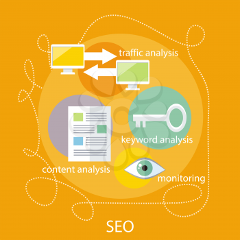SEO optimization, programming process and web analytics elements in flat design. For marketing and promotional materials, presentation templates. Monitoring, traffic, keyword and content analysis