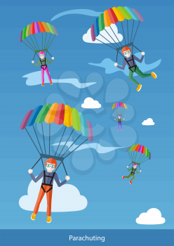 Happy peoples plans with parachute. Group of happy parachutists descend from the sky on parachutes fly between the clouds. Web banners, marketing and promotional materials, presentation templates 