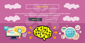 Monitor with charts and parameters. Business concept of analytics. Brain analyzes the incoming information. Can be used for web banners, marketing and promotional materials, presentation templates 