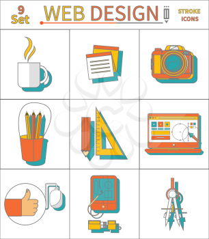 Web design concept. Set thin line stroke icons of laptop, camera, cup of tea, pencil with ruler, tablet for web design and architecture in flat design. 