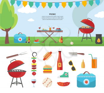 Summertime holiday template with picnic outdoor summer accessories, illustration and icon set flat design of traveling, holiday. For web banners, promotional materials, presentation templates