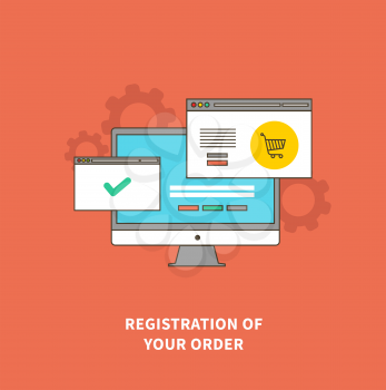 Online shopping, delivery and payment methods. Registration of order. Flat design monitor with browser windows. For web site construction, mobile applications, banners, corporate brochures, layouts