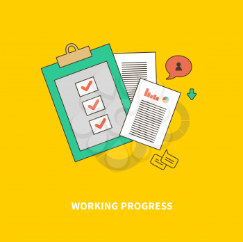 Concept of steps of the business process, worlflow. Working Progress. For web design, analytics, graphic design and in flat design on colored background
