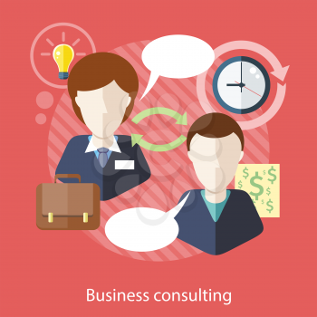 Business consulting. Concept with text.  Businessman and female consultant with speech bubbles. Icons for web design, analytics, graphic design and in flat design