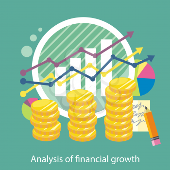 Analysis of financial growth. Concept with text. Piles of gold coins on the background of arrows and columns chart. Icons for web design, analytics, graphic design and in flat design