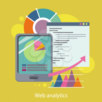 Web analytics. Concept with text. Tablet screen with a pie chart on the background of the report. Icons for web design, analytics, graphic design and in flat design