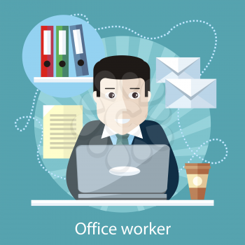 Office worker sitting at table in front of computer on the stylish colored background. Activity field of freelancer. Flat design cartoon style for web design, analytics, graphic design 