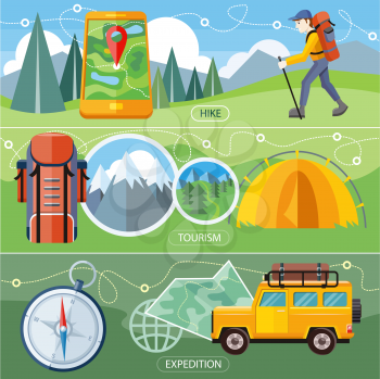 Man traveler with backpack hiking equipment walking in mountains. Off-road car with map and compass on road. Investigation untouched corners nature. Camping tourism tent near the forest and mountains